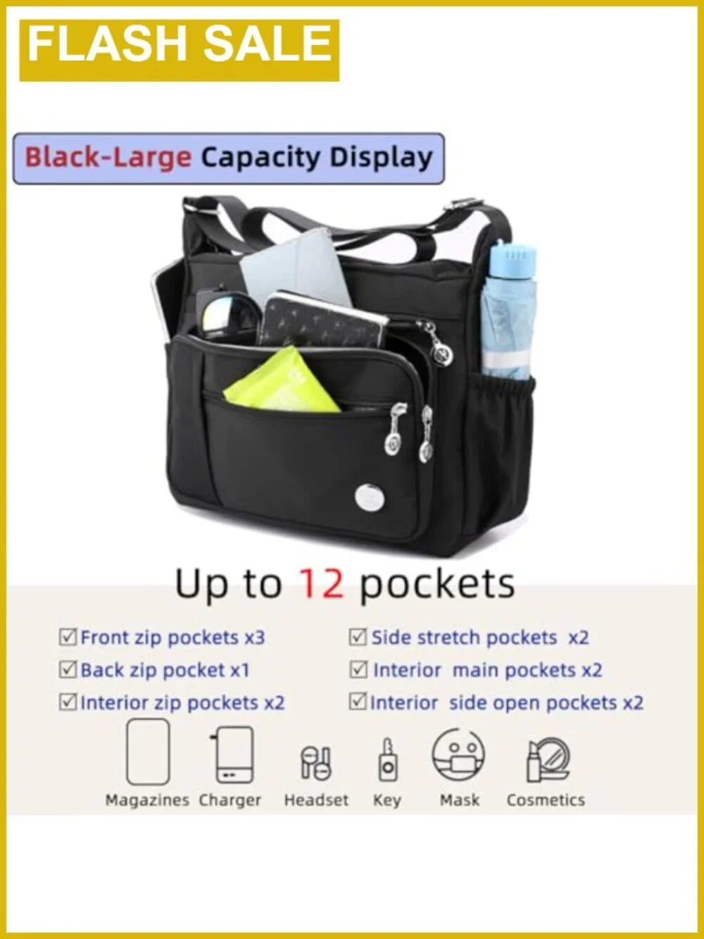 Women's Nylon Satchel Handbag Crossbody Shoulder Bag Multiple Pockets Top
